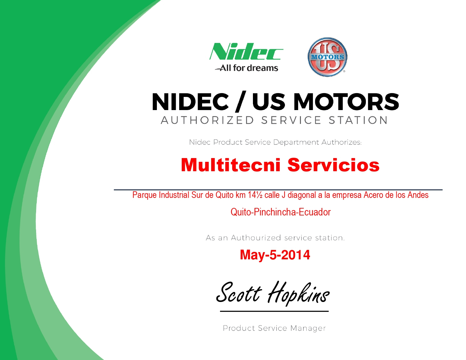 Certificación de Taller Autorizado NIDEC / US MOTORS